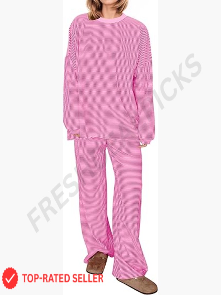 2 Piece Striped Lounge Set Oversized Tee Wide Leg Pajama Set